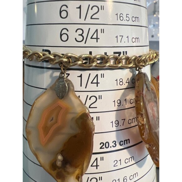 Vintage Agate Stone Slab Charm Bracelet Gold Tone Chain Fold Over Clasp 6.75" - Picture 6 of 6